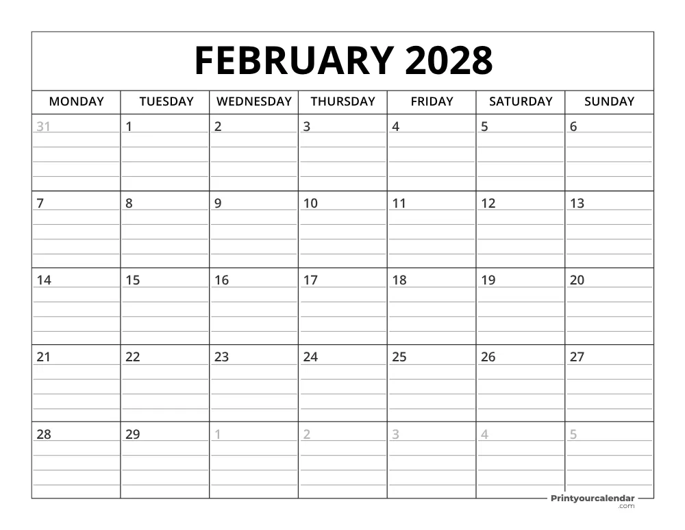 February 2028 Calendar Template Monday Start
