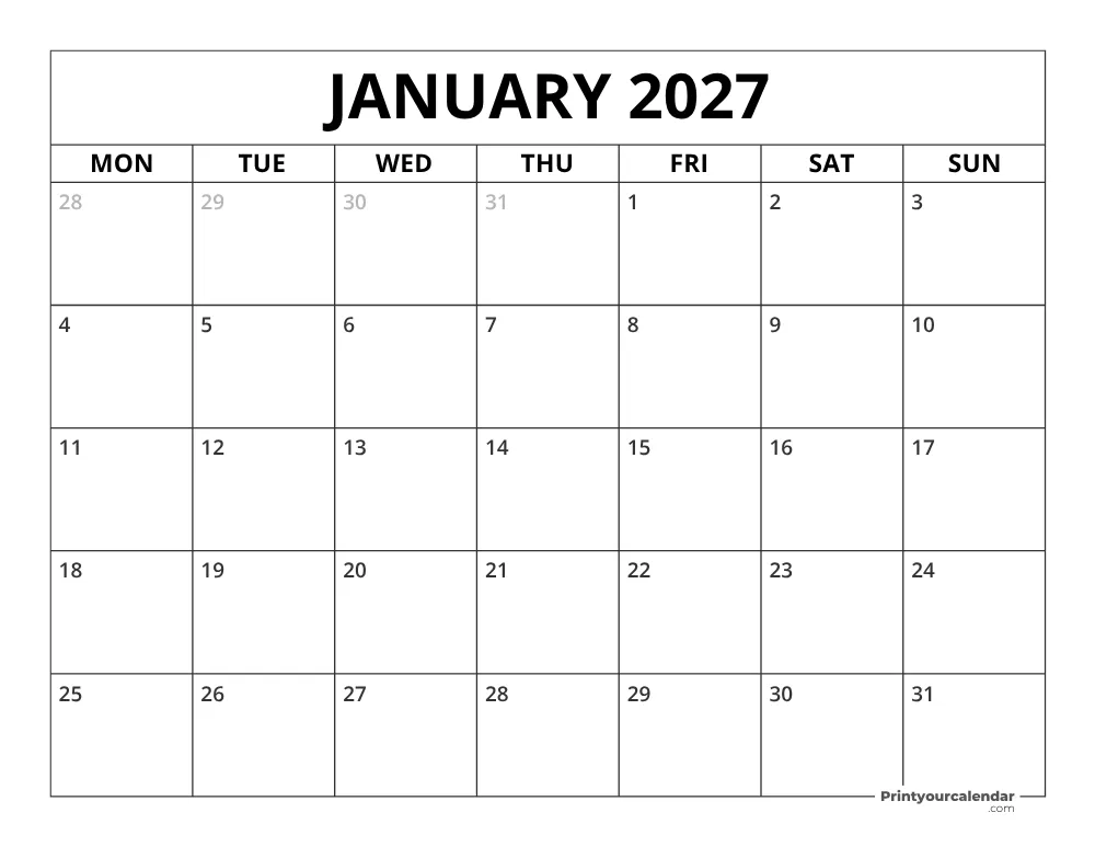 January 2027 Calendar Monday Start