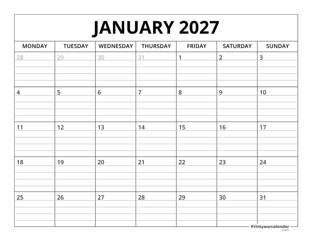 January 2027 Calendar Template Monday Start