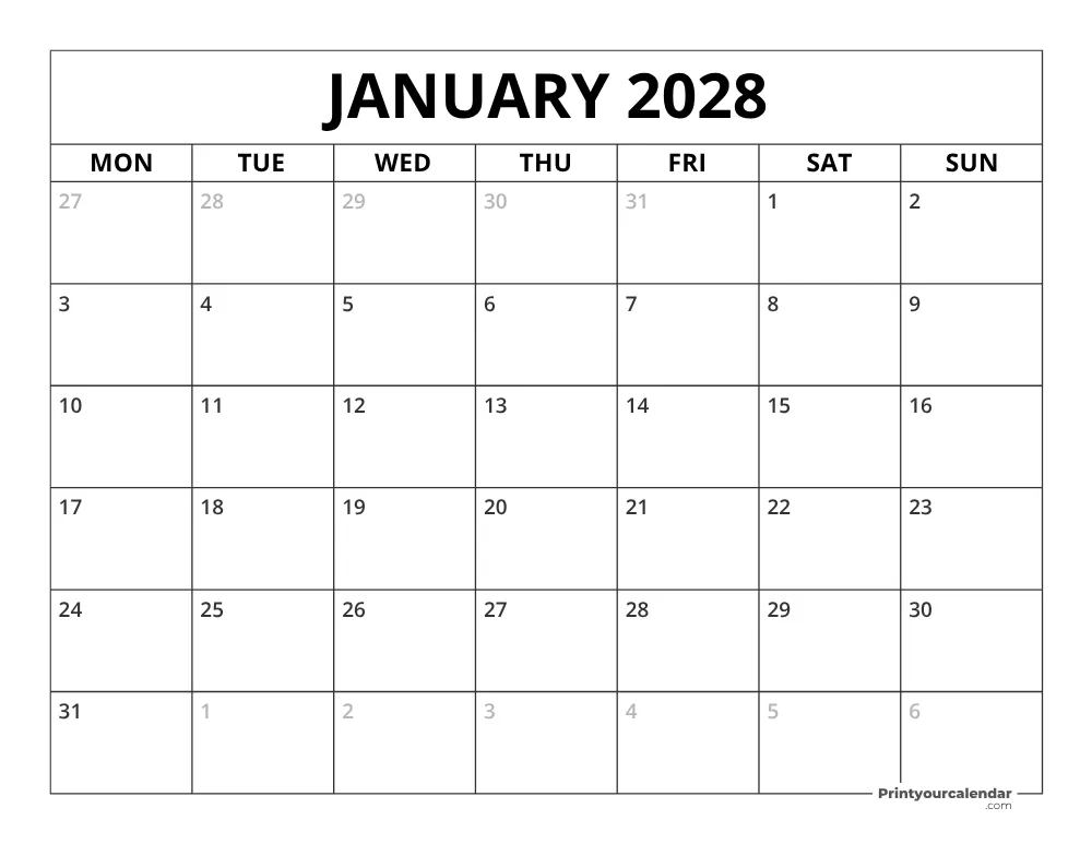 January 2028 Calendar Monday Start