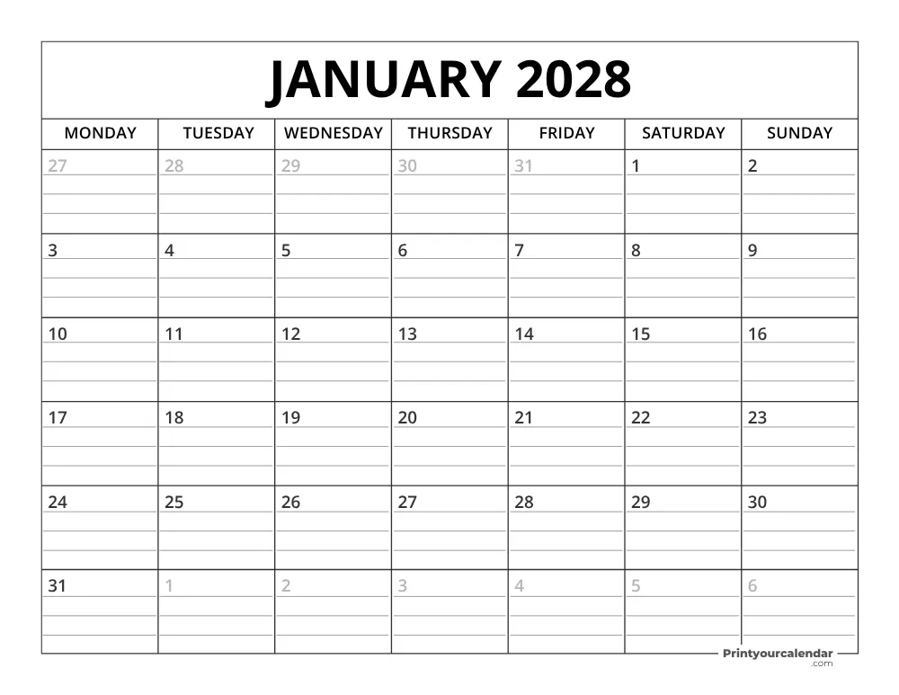 January 2028 Calendar Template Monday Start