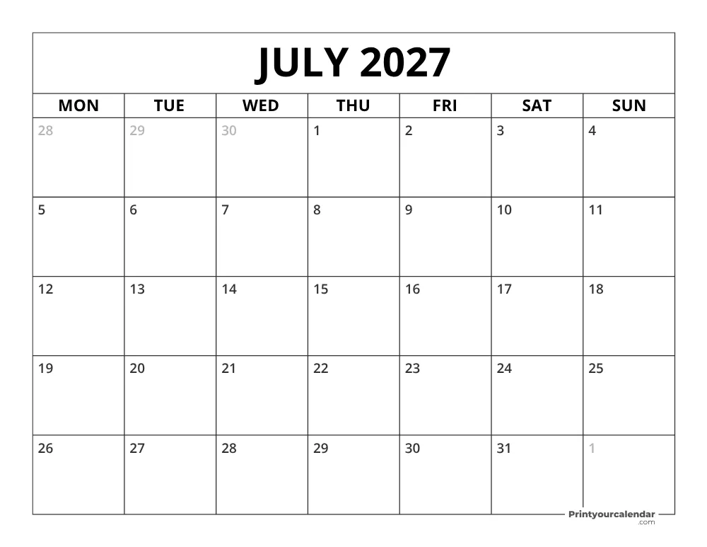 July 2027 Calendar Monday Start