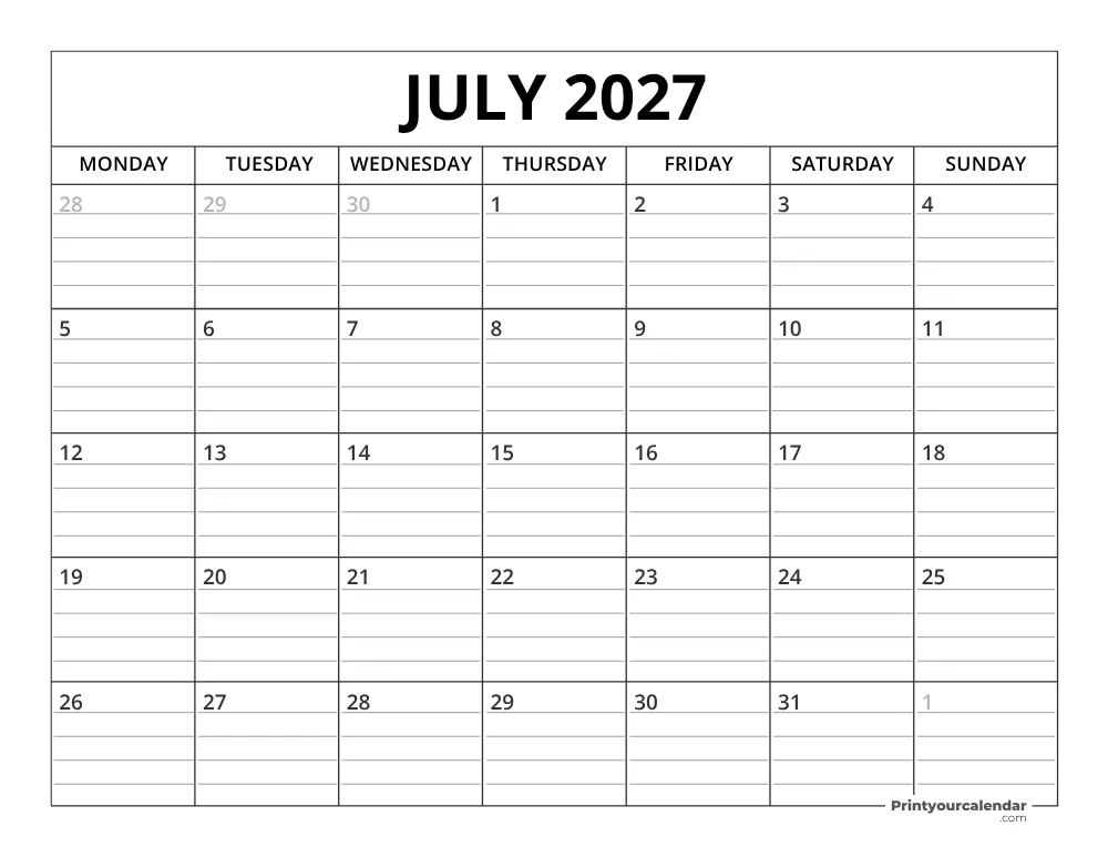 July 2027 Calendar Template Monday Start
