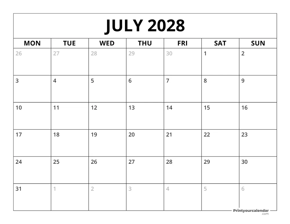 July 2028 Calendar Monday Start
