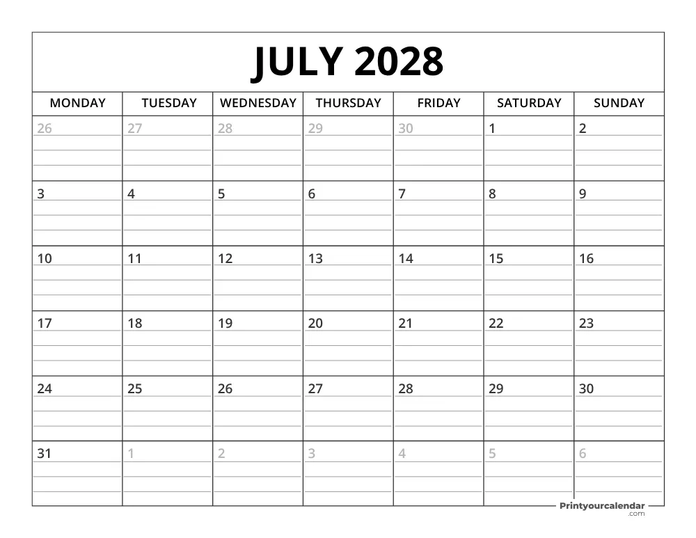 July 2028 Calendar Template Monday Start