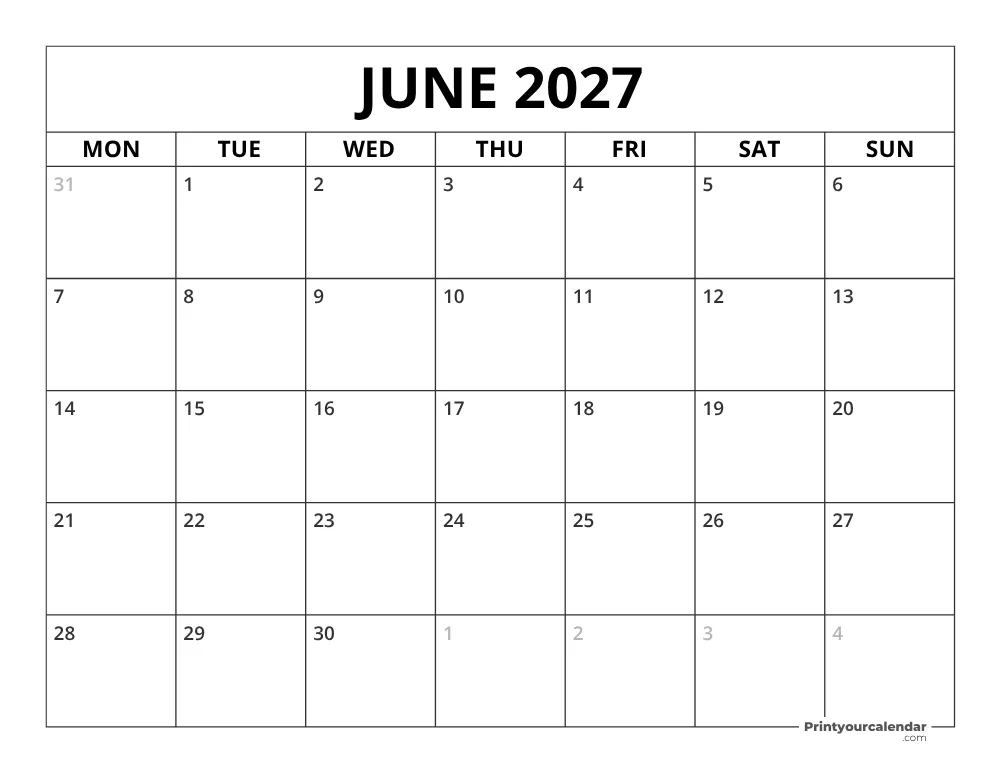 June 2027 Calendar Monday Start