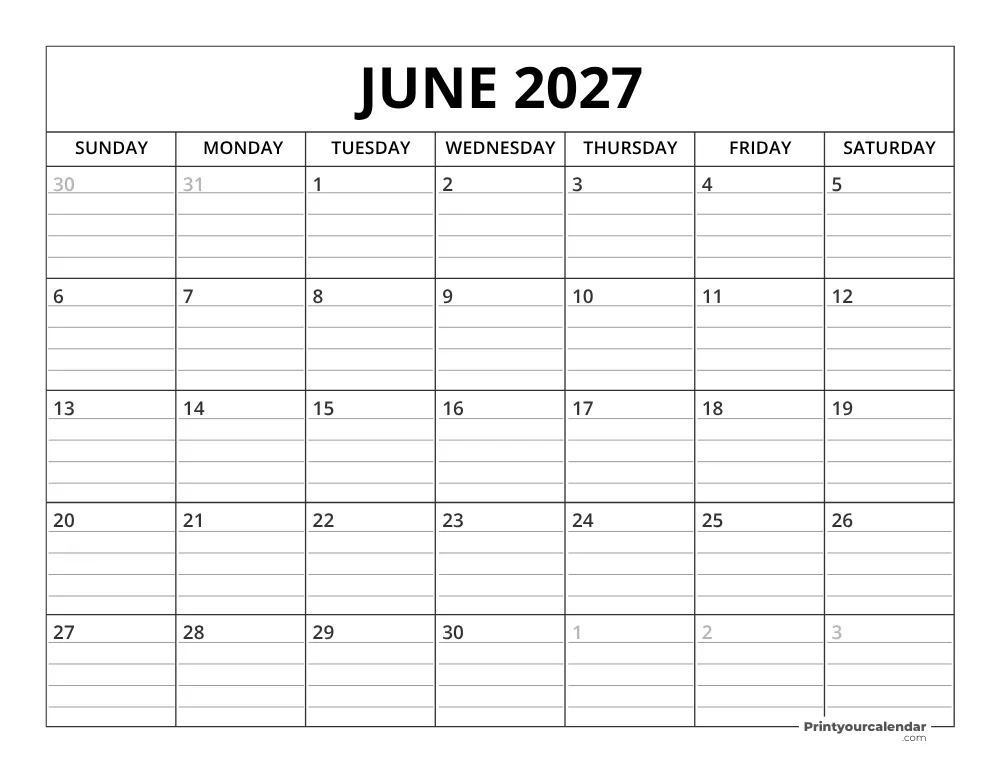 June 2027 Calendar Template