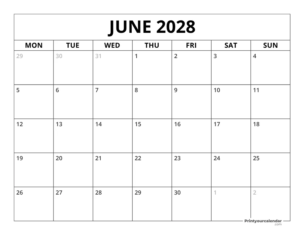 June 2028 Calendar Monday Start