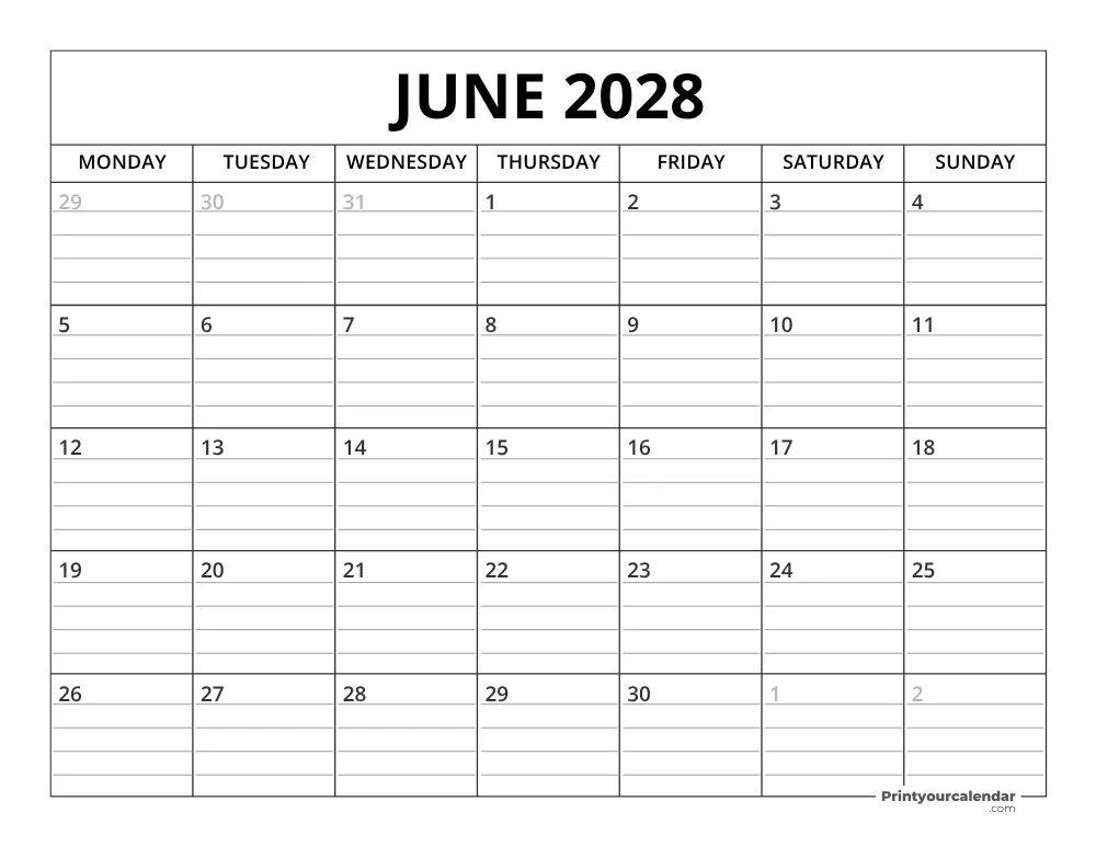 June 2028 Calendar Template Monday Start