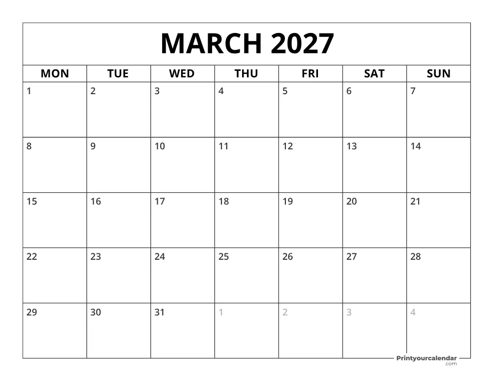 March 2027 Calendar Monday Start