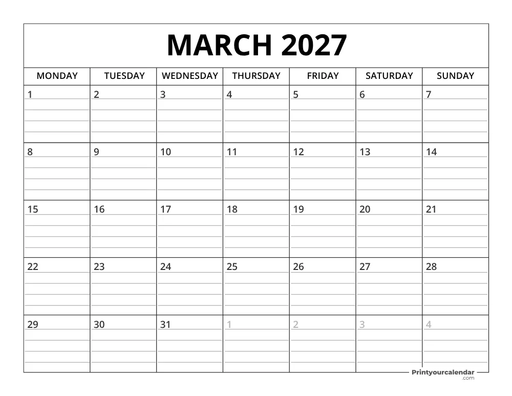 March 2027 Calendar Template Monday Start