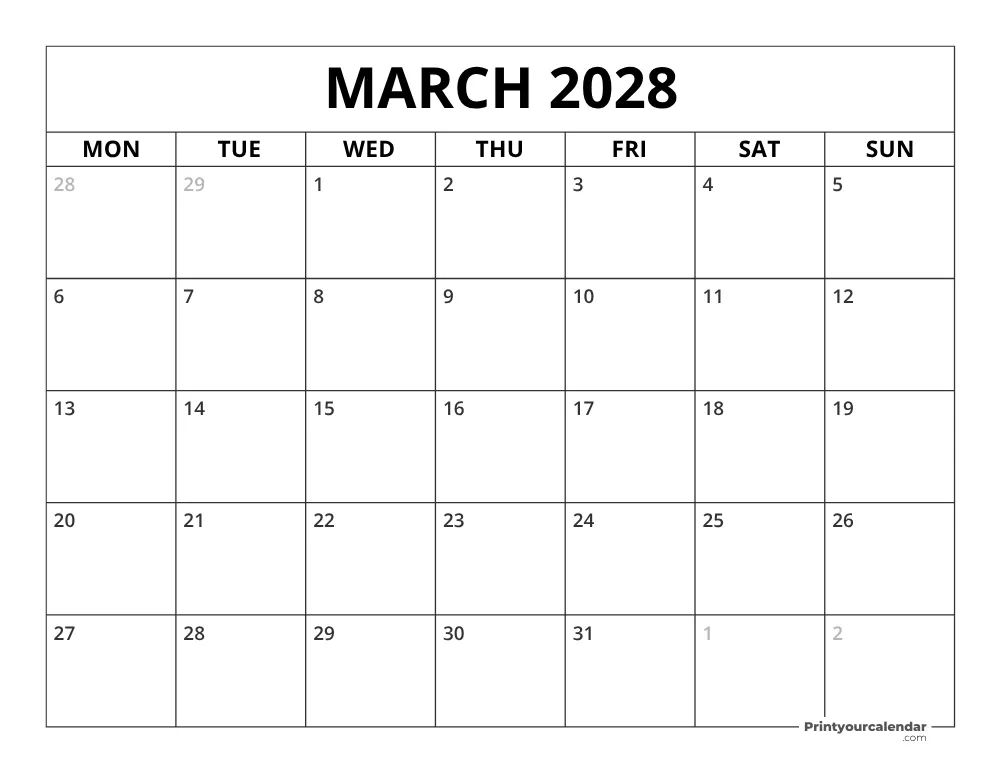 March 2028 Calendar Monday Start