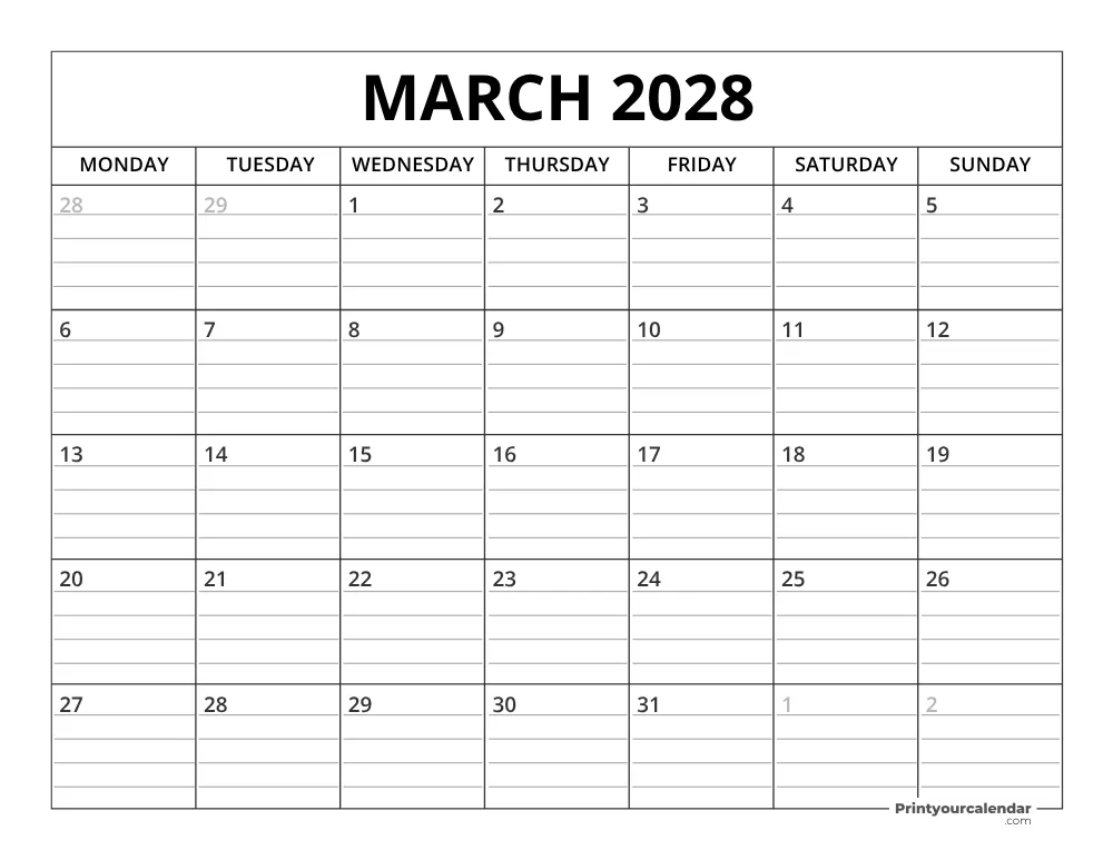 March 2028 Calendar Template Monday Start