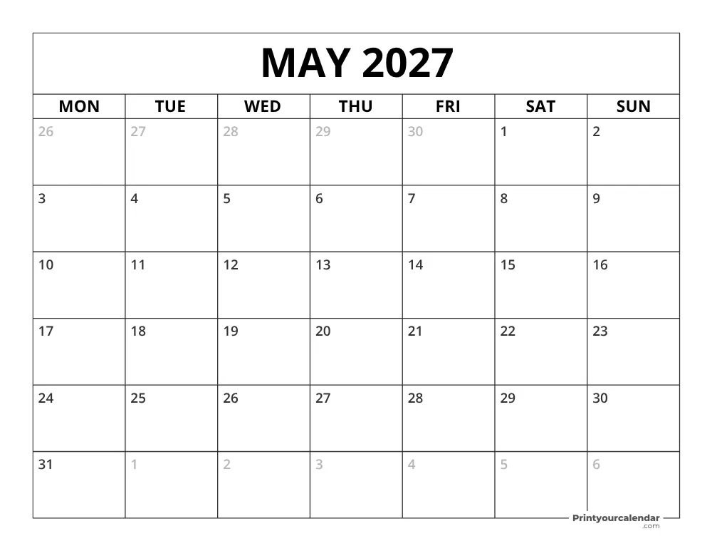 May 2027 Calendar Monday Start