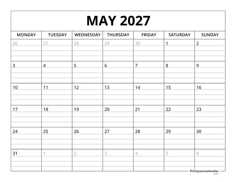 May 2027 Calendar Template Monday Start