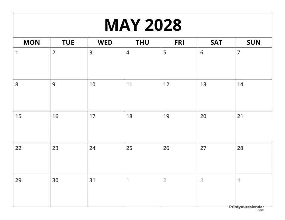 May 2028 Calendar Monday Start
