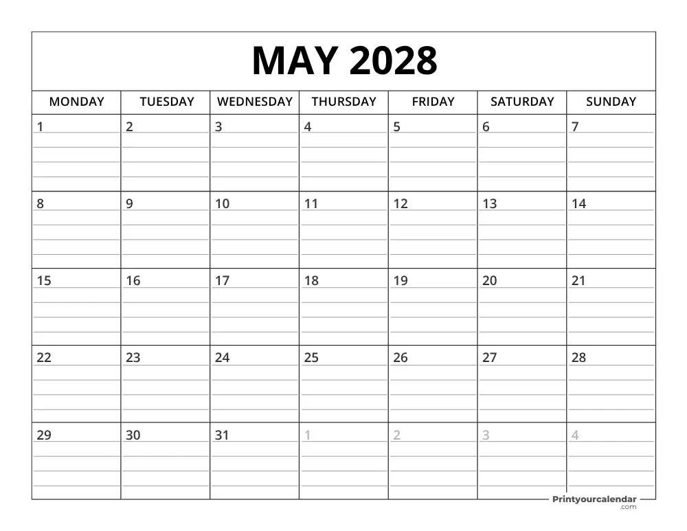May 2028 Calendar Template Monday Start