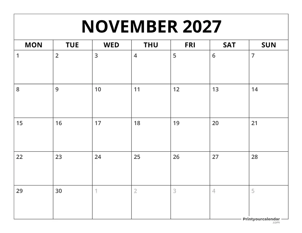 November 2027 Calendar Monday Start
