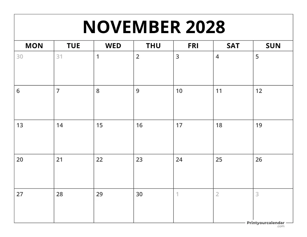 November 2028 Calendar Monday Start