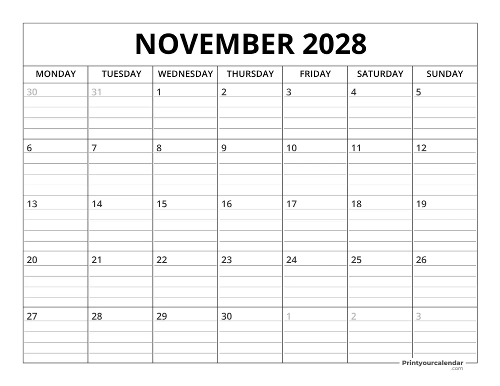 November 2028 Calendar Template Monday Start