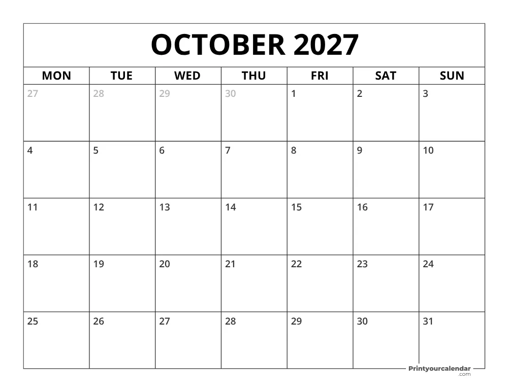 October 2027 Calendar Monday Start