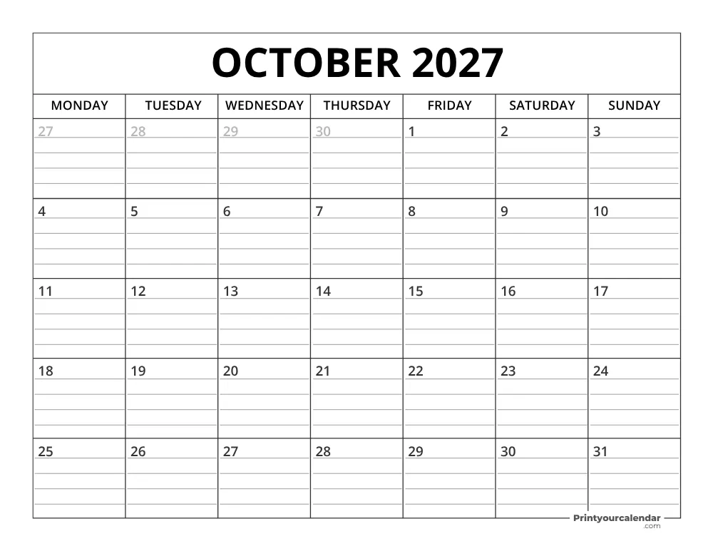 October 2027 Calendar Template Monday Start