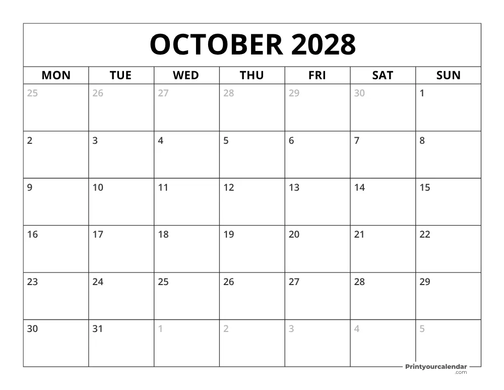 October 2028 Calendar Monday Start