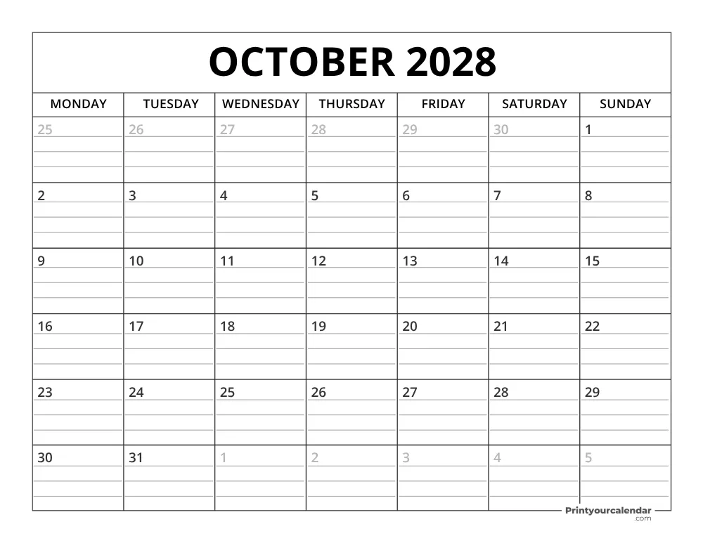 October 2028 Calendar Template Monday Start