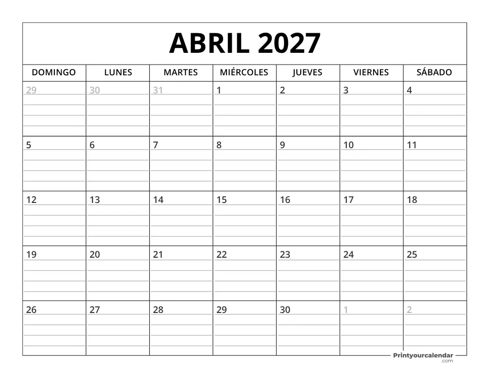 Plantilla de calendario de abril de 2027 inicio en lunes