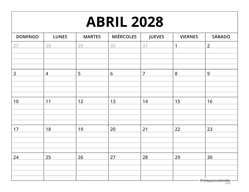 Plantilla de calendario de abril de 2028 inicio en lunes