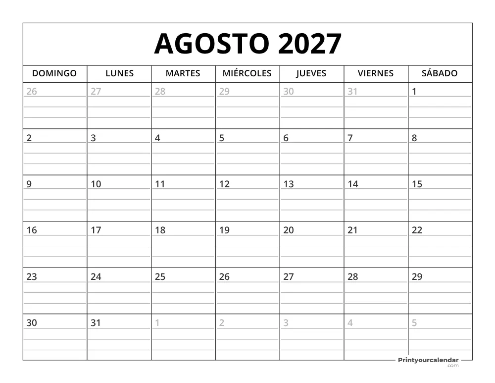 Plantilla de calendario de agosto de 2027 inicio en lunes