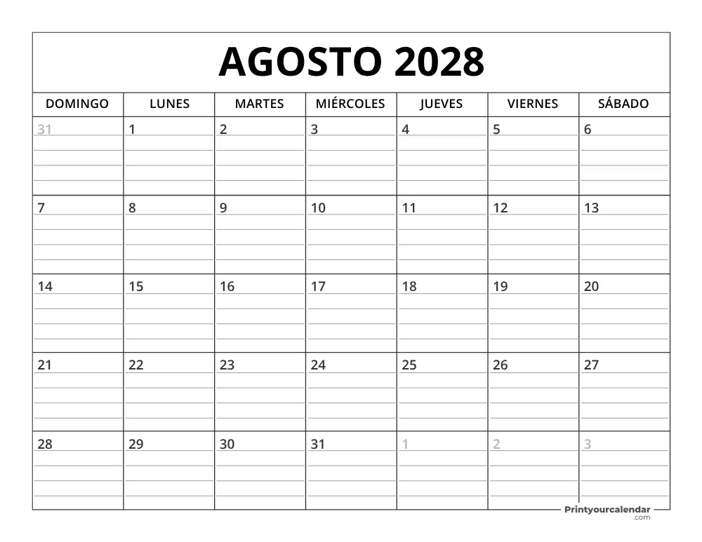 Plantilla de calendario de agosto de 2028 inicio en lunes