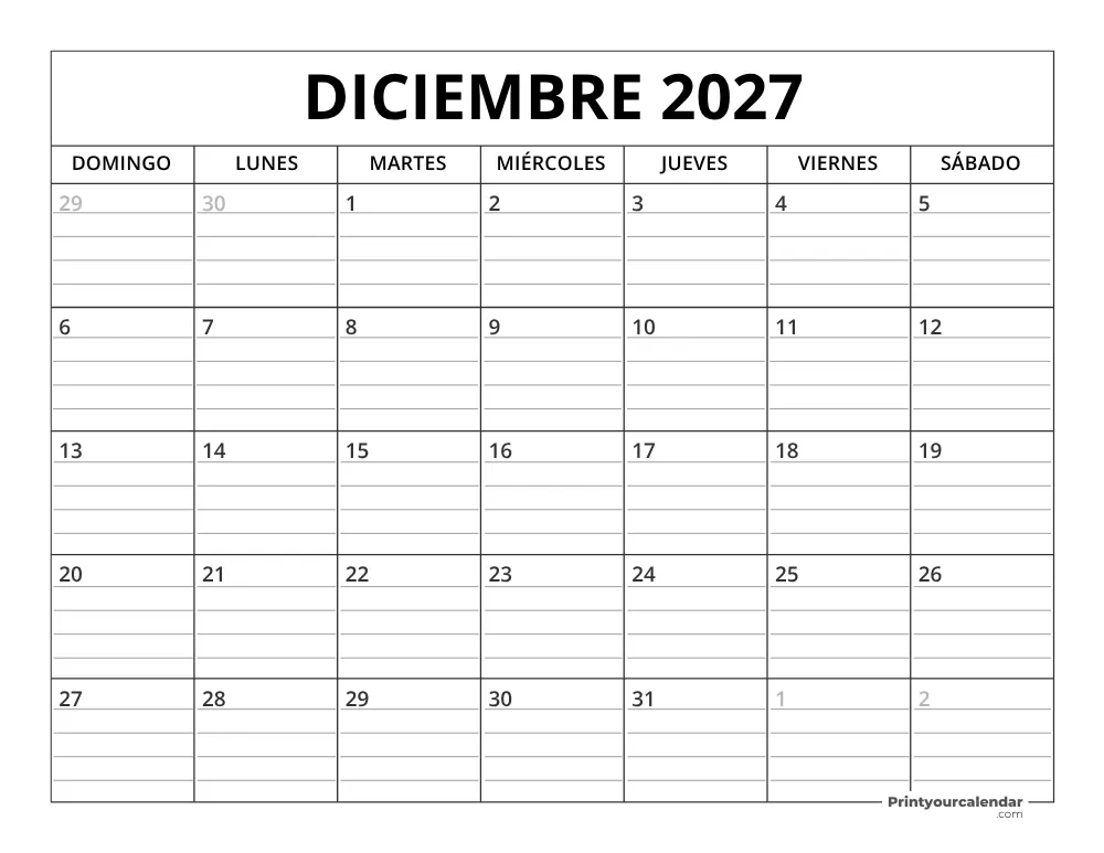 Plantilla de calendario de diciembre de 2027 inicio en lunes