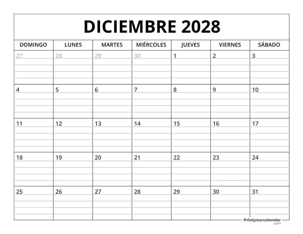 Plantilla de calendario de diciembre de 2028 inicio en lunes