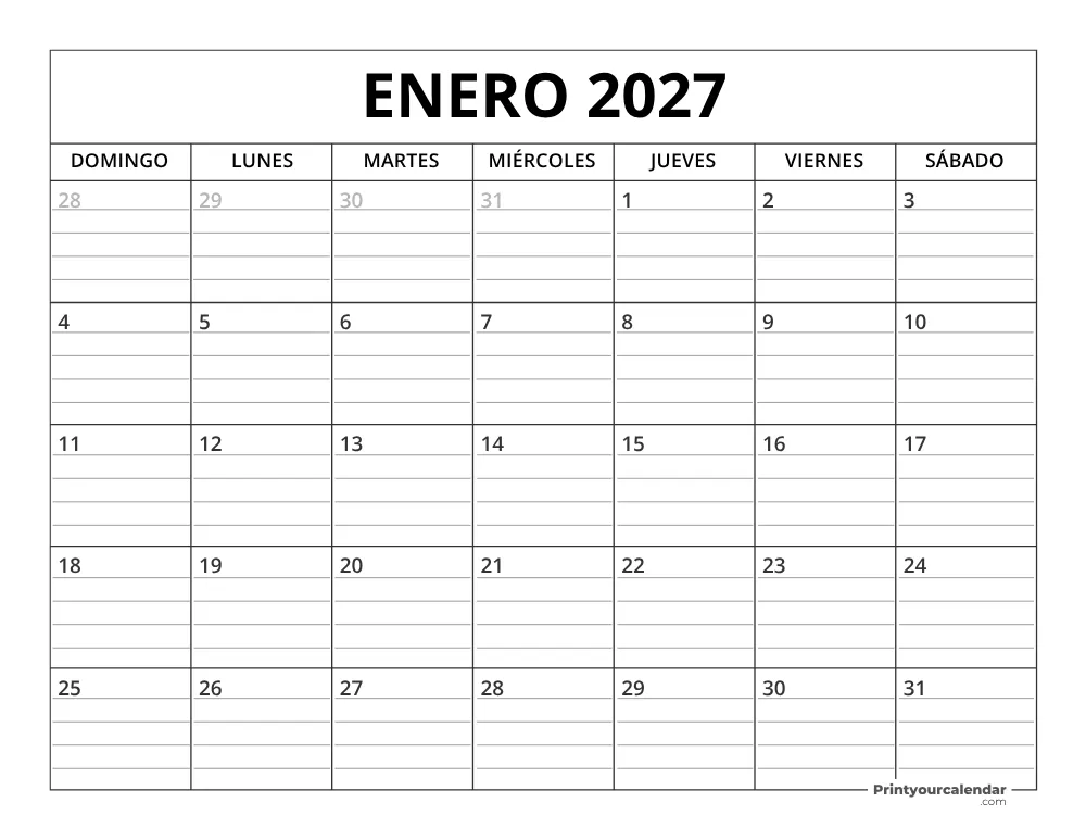Plantilla de calendario de enero de 2027 inicio en lunes