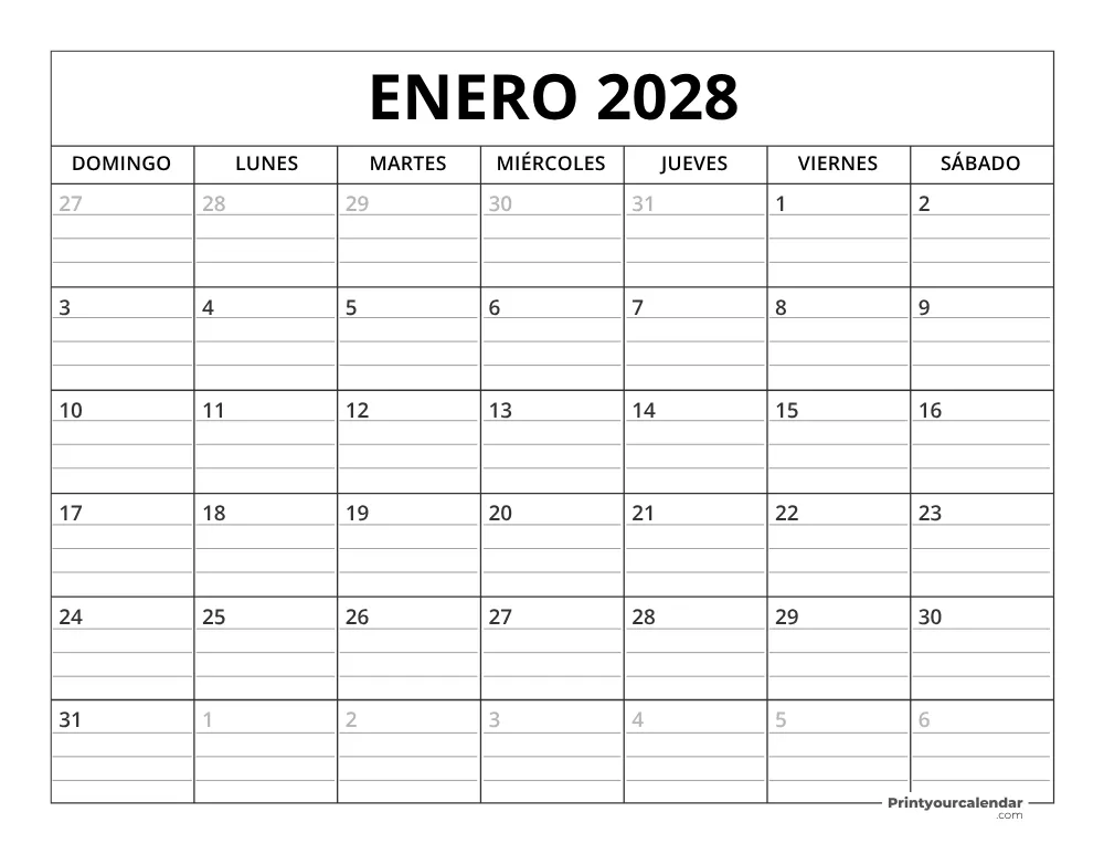 Plantilla de calendario de enero de 2028 inicio en lunes