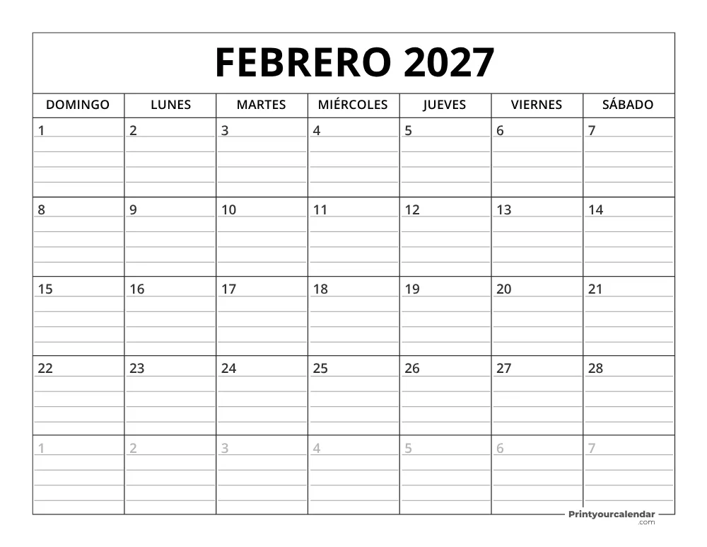 Plantilla de calendario de febrero de 2027 inicio en lunes