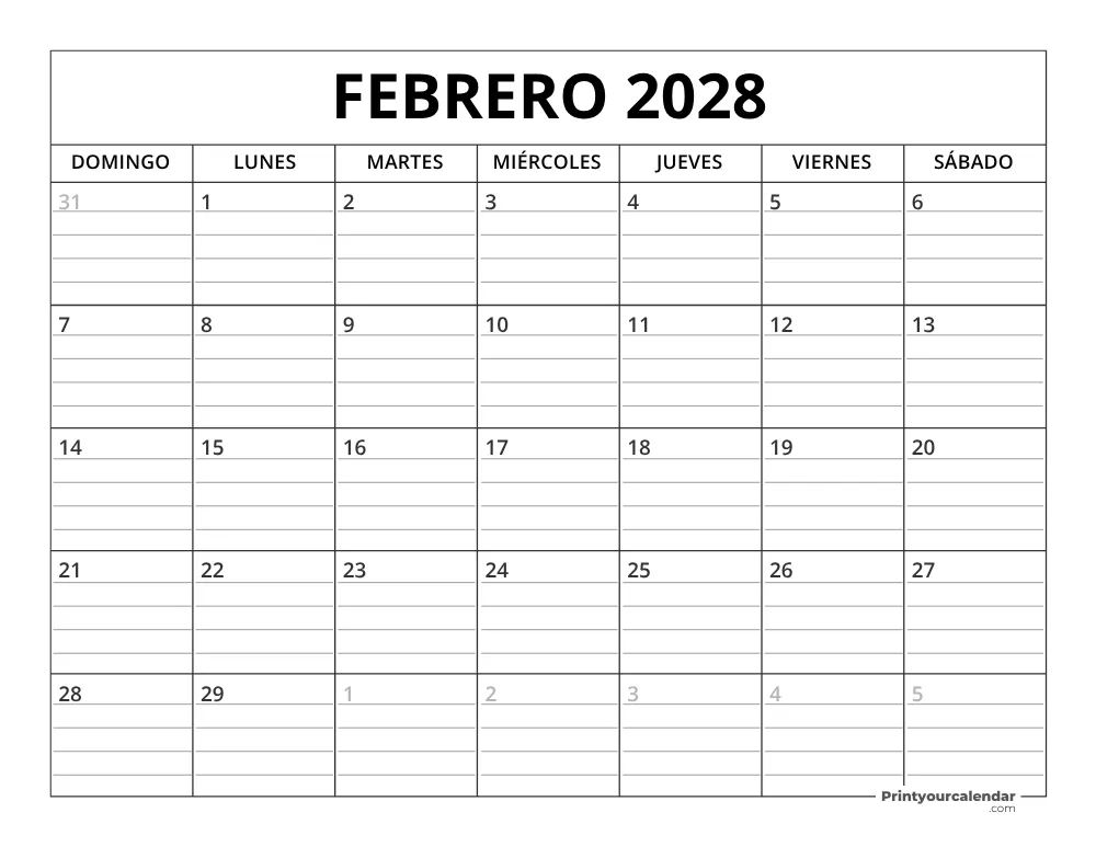 Plantilla de calendario de febrero de 2028 inicio en lunes