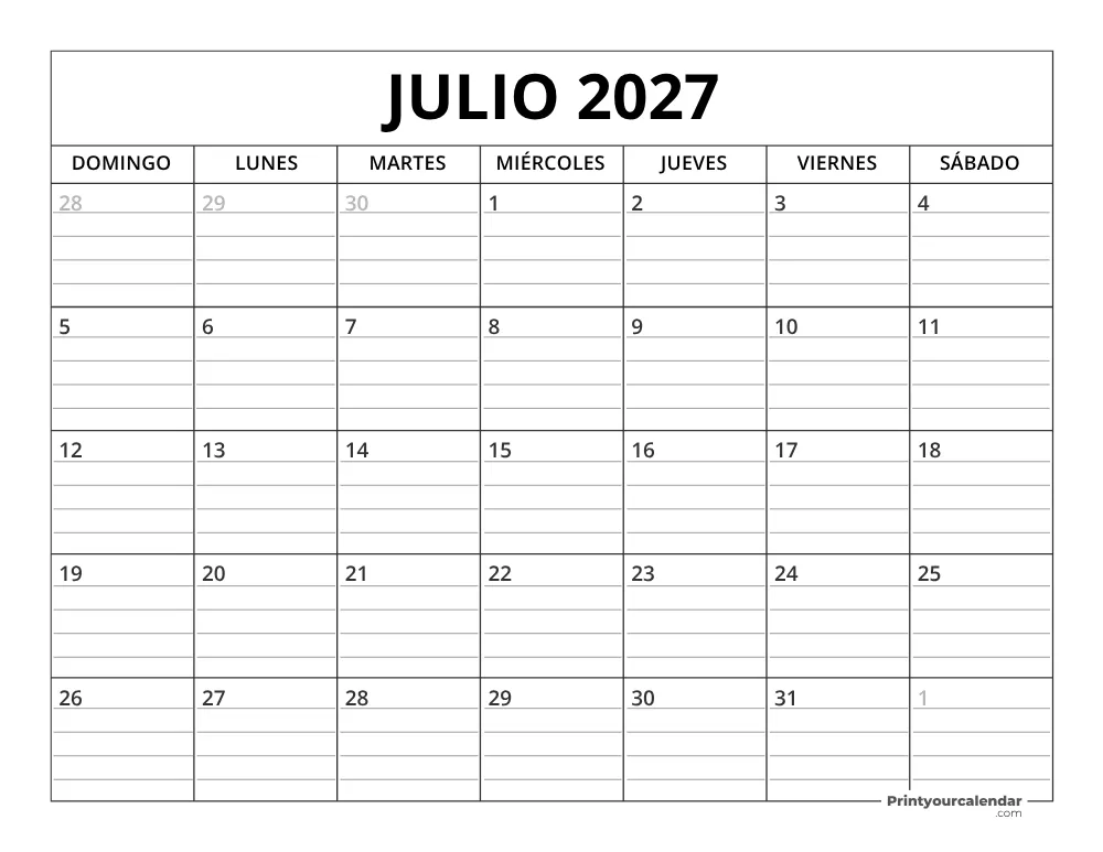 Plantilla de calendario de julio de 2027 inicio en lunes