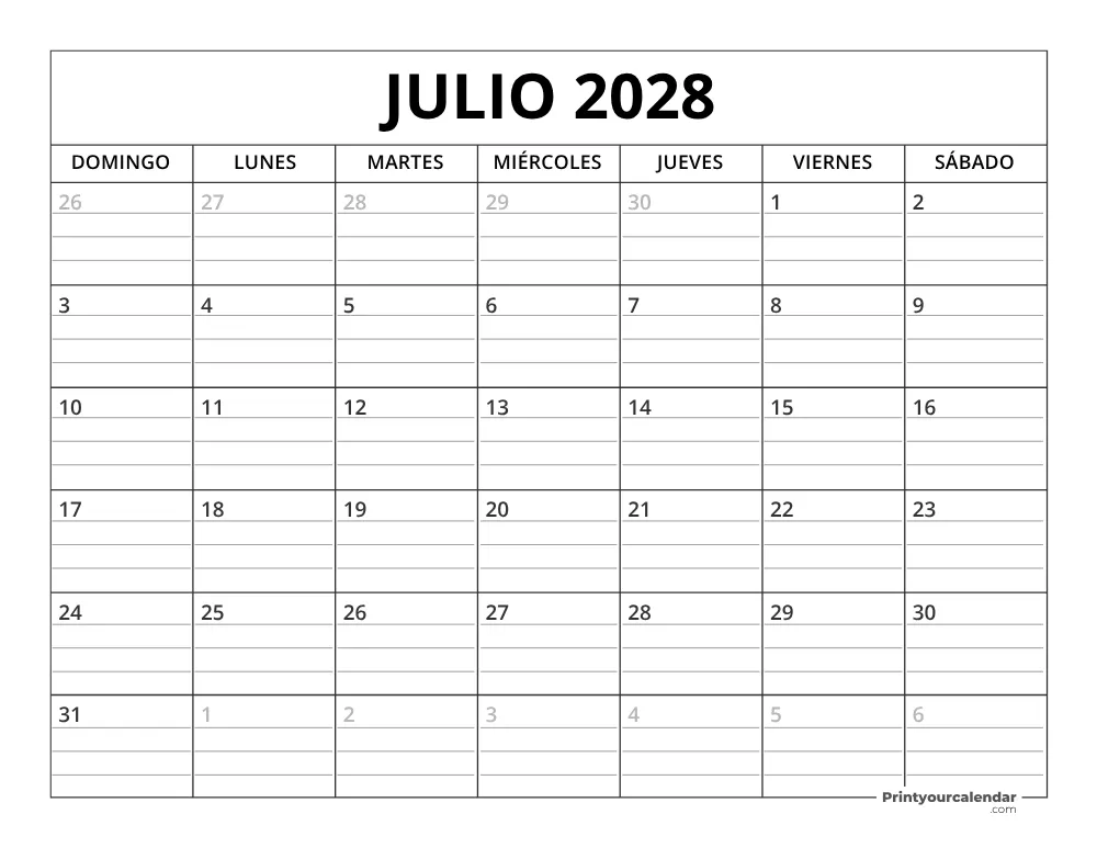 Plantilla de calendario de julio de 2028 inicio en lunes