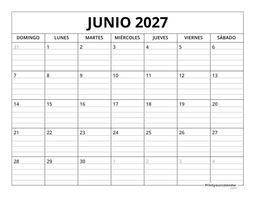 Plantilla de calendario de junio de 2027 inicio en lunes