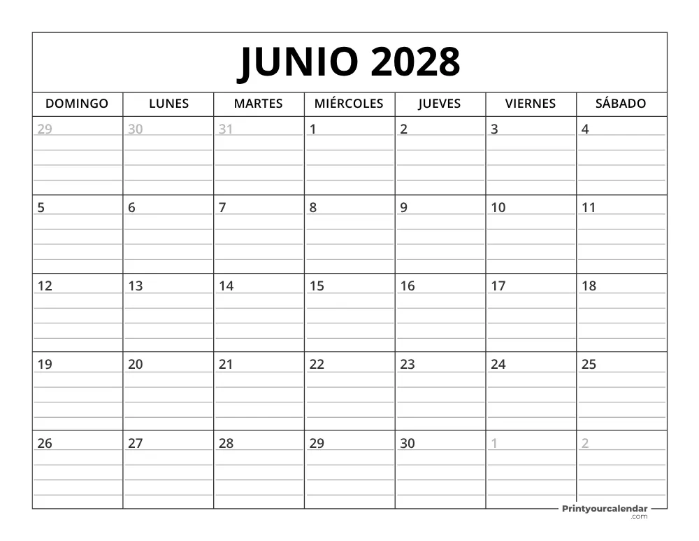 Plantilla de calendario de junio de 2028 inicio en lunes