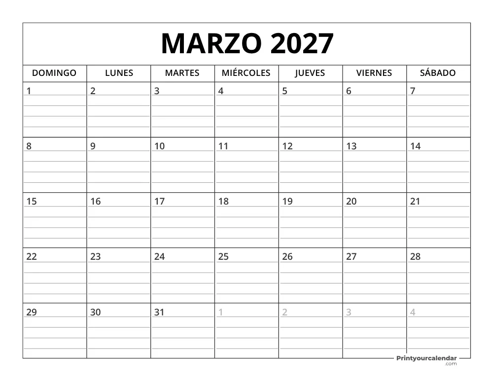 Plantilla de calendario de marzo de 2027 inicio en lunes