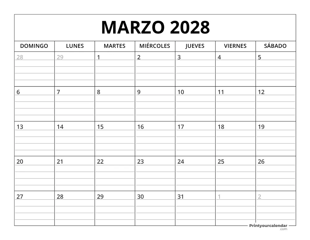 Plantilla de calendario de marzo de 2028 inicio en lunes