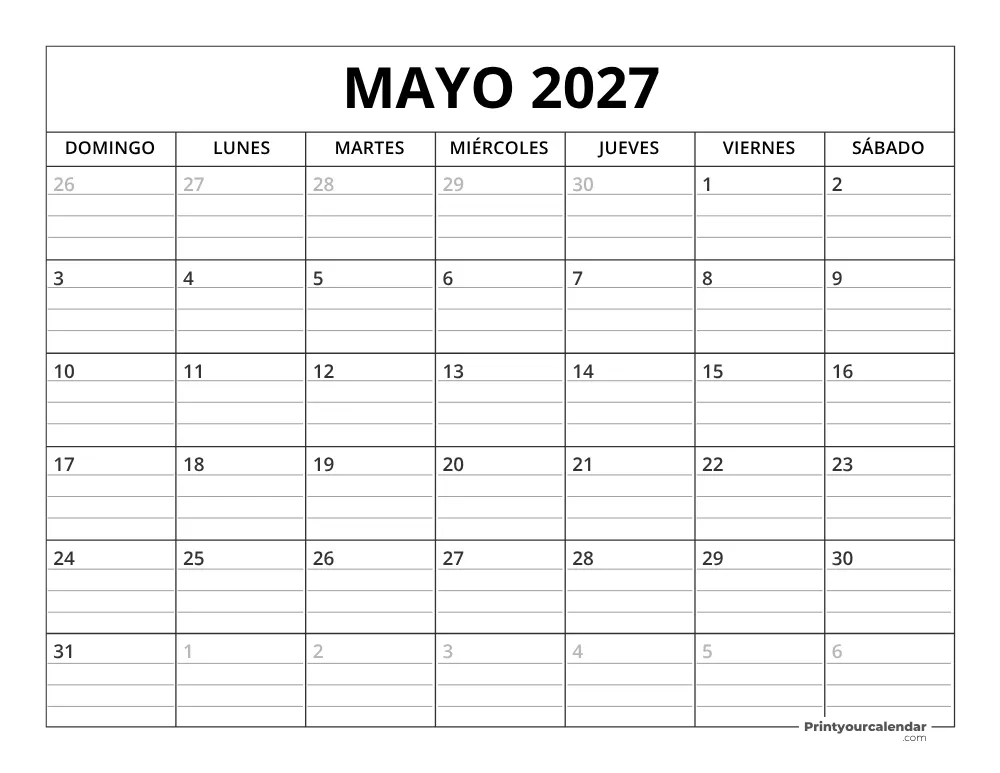 Plantilla de calendario de mayo de 2027 inicio en lunes