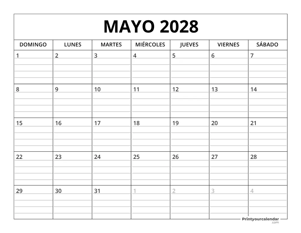 Plantilla de calendario de mayo de 2028 inicio en lunes