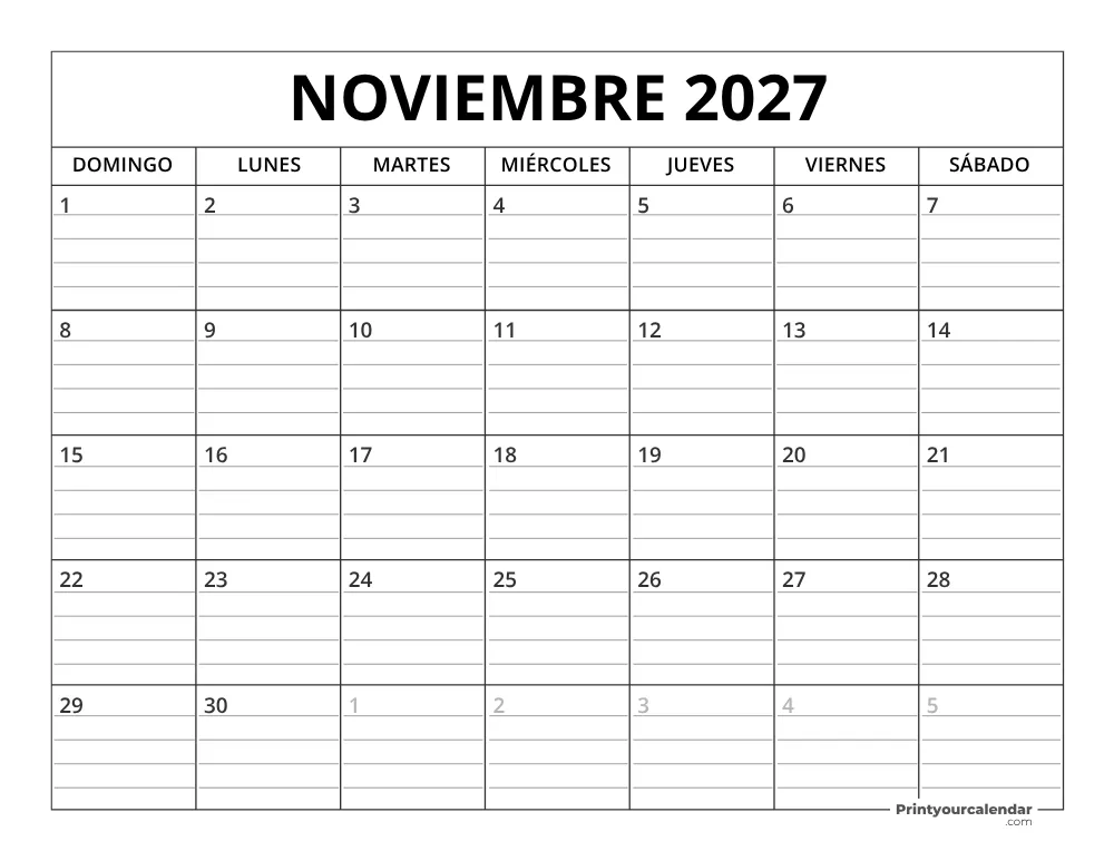 Plantilla de calendario de noviembre de 2027 inicio en lunes