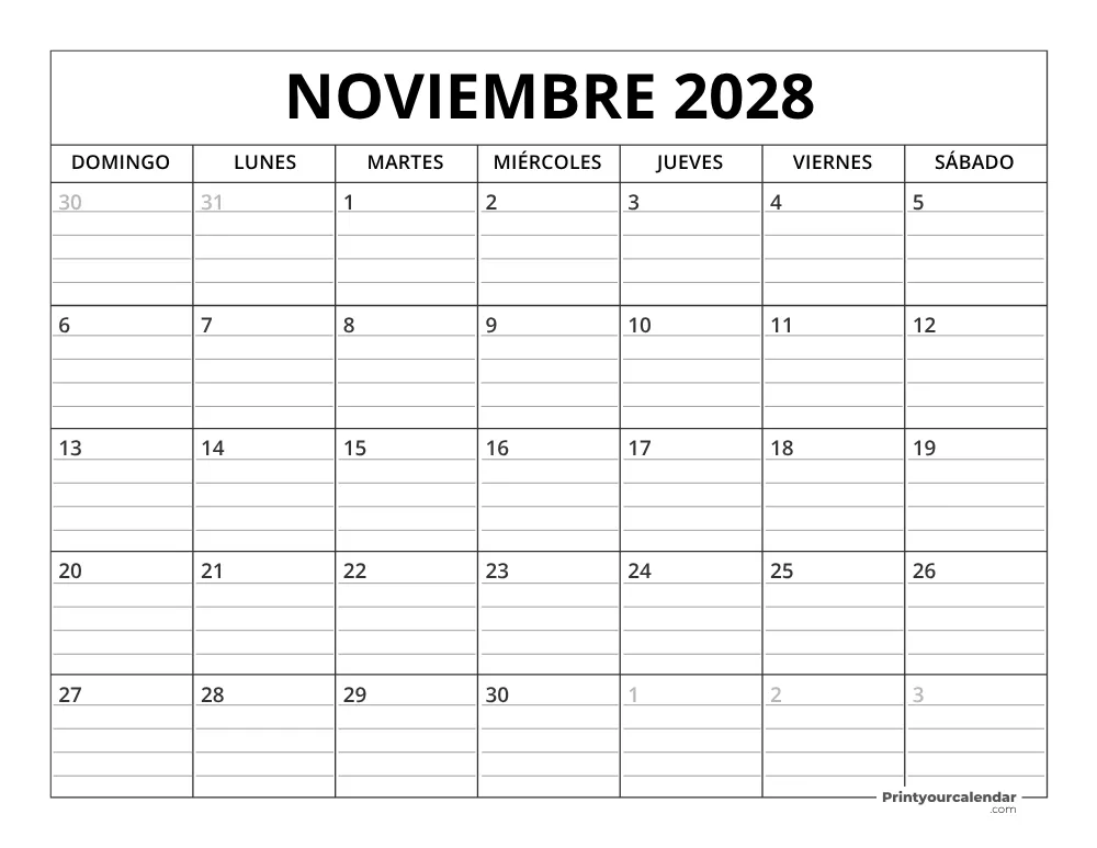 Plantilla de calendario de noviembre de 2028 inicio en lunes