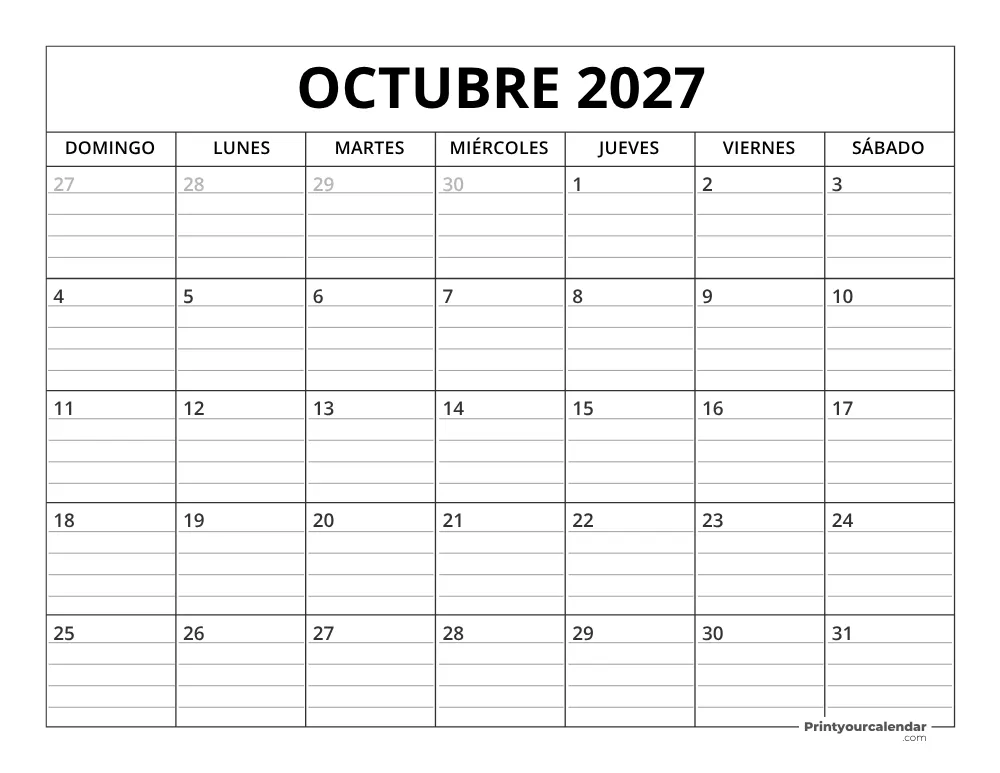Plantilla de calendario de octubre de 2027 inicio en lunes