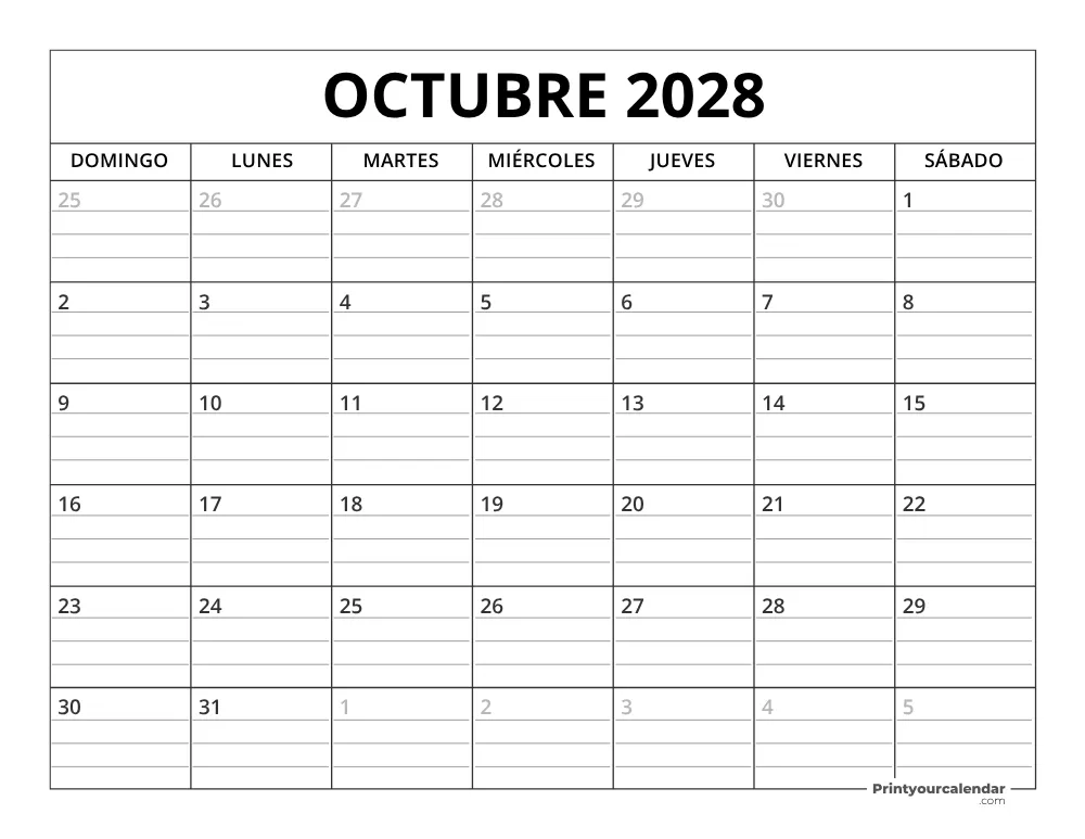 Plantilla de calendario de octubre de 2028 inicio en lunes